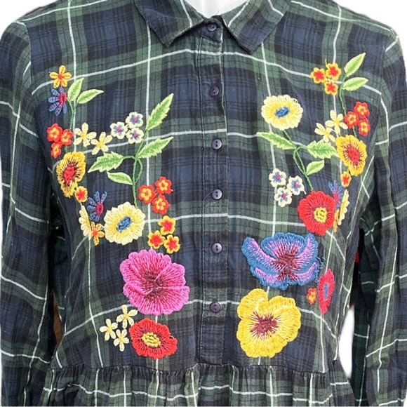 Zara Trafaluc Plaid and Floral Embroidered Flannel Mini Dress Green Blue Medium - Picture 3 of 7